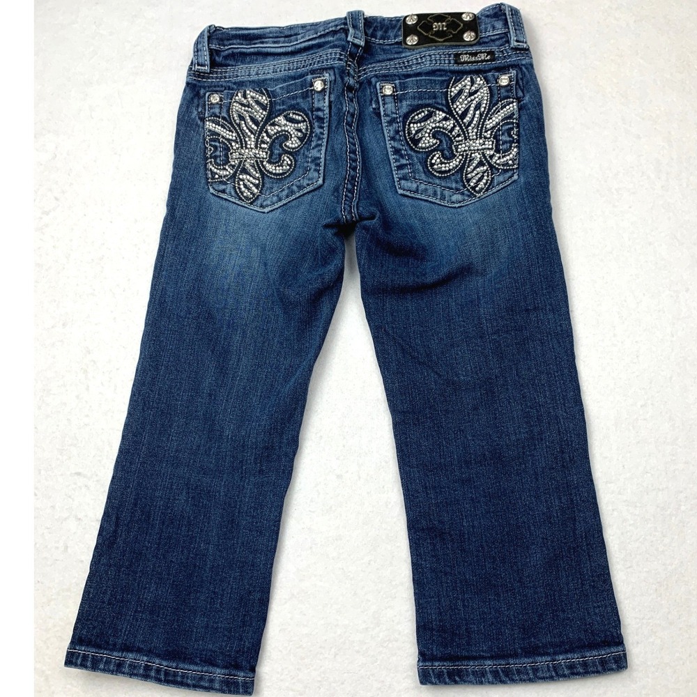 Miss Me Jeans Girls 14 Blue‎ Dark Wash Fleur De Lis Rhinestone Capri Pants